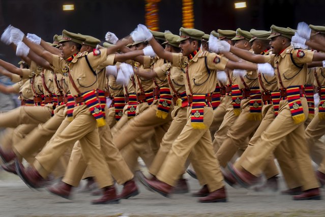 Assam Police personnel take part in a parade during the country's Independence Day celebrations in Guwahati, India, Thursday, August 15, 2024. (Photo by Anupam Nath/AP Photo)