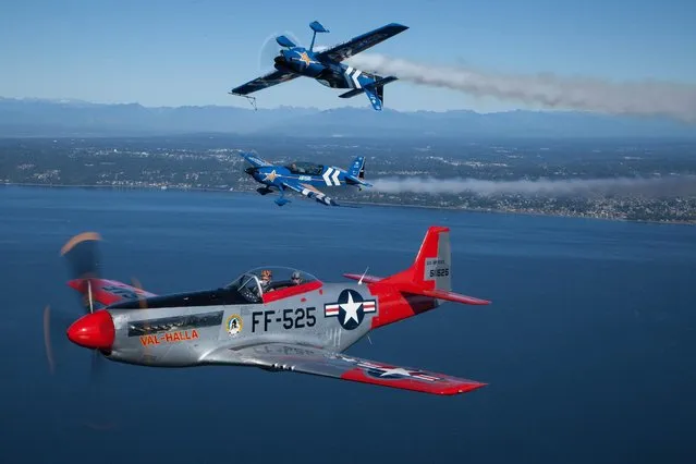 Air National Guard flies with Heritage Flight Museum's historic P-51 Mustang at Seafair 2015 on Thurs., July 30, 2015 in Seattle, Wash. (Photo by Matt Mills McKnight/Invision for John Klatt Airshows, Inc./AP Images)