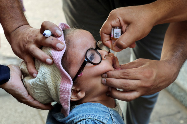 A Palestinian child is vaccinated against polio, amid the Israel-Hamas conflict, in Deir Al-Balah in the central Gaza Strip on September 4, 2024. (Photo by Ramadan Abed/Reuters)