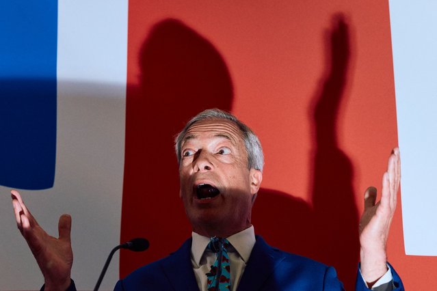 Leader of Reform UK Nigel Farage gestures during the launch of the Party's Economic Policy in London on June 10, 2024, ahead of the UK general election of July 4. (Photo by Benjamin Cremel/AFP Photo)