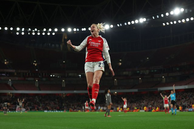 Arsenal's English striker #23 Alessia Russo celebrates but the goal is disallowed following a VAR review, during the UEFA Women's Champions League quarter-final second leg football match between Arsenal and Real Madrid, at the Emirates Stadium in north London on March 26, 2025. (Photo by Adrian Dennis/AFP Photo)