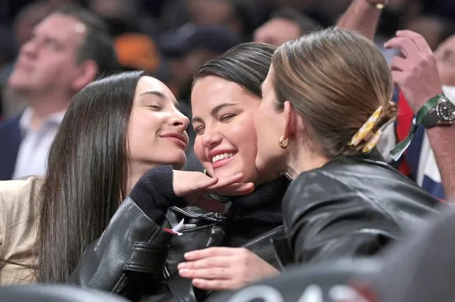 American singer and actress Selena Gomez reacts as she is put on the Jumbo Tron during the second quarter Brooklyn Nets Vs. Los Angeles Lakers at Barclays Center on January 30, 2023 in the Brooklyn borough of New York City. (Photo by Charles Wenzelberg/New York Post)