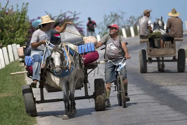 A farmer carries his belongings in a horse cart toward a shelter for protecting prior the arrival of the Hurricane Matthew in Santiago, Cuba, Sunday, October 2, 2016. Hurricane Mathew, one of the most powerful Atlantic hurricanes in recent history weakened a little on Saturday as it drenched coastal Colombia and roared across the Caribbean on a course that threatened Jamaica, Haiti and Cuba. (Photo by Ramon Espinosa/AP Photo)
