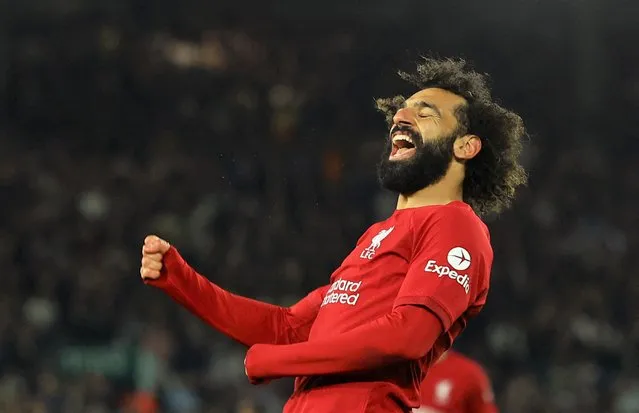 Mohamed Salah of Liverpool celebrates after scoring the team's fourth goal during the Premier League match between Leeds United and Liverpool FC at Elland Road on April 17, 2023 in Leeds, England. (Photo by Molly Darlington/Reuters)