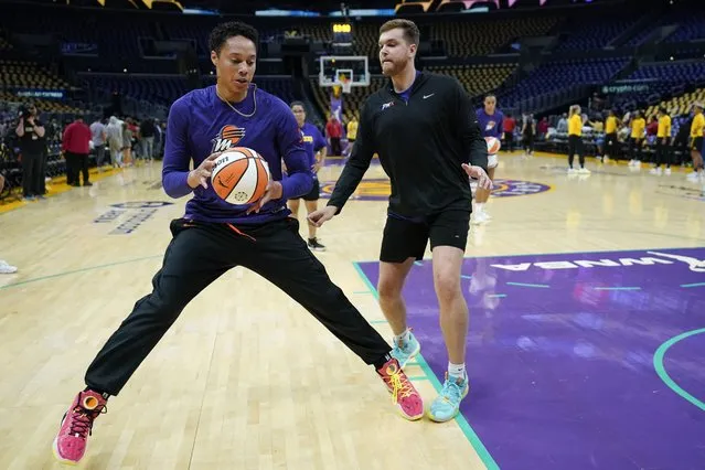 Phoenix Mercury center Brittney Griner (42) warms up before a WNBA basketball game against the Los Angeles Sparks in Los Angeles, Friday, May 19, 2023. (Photo by Ashley Landis/AP Photo)