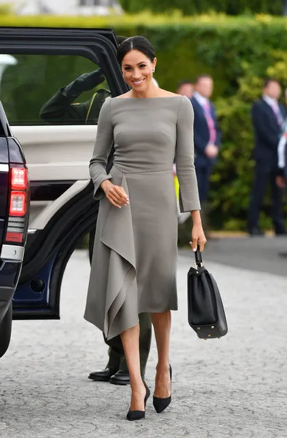 The Duchess of Sussex arriving to meet Michael Higgins at Aras an Uactharain on the second day of the Royal couple's visit to Dublin, Ireland on July 11, 2018. (Photo by Joe Giddens/PA Wire)