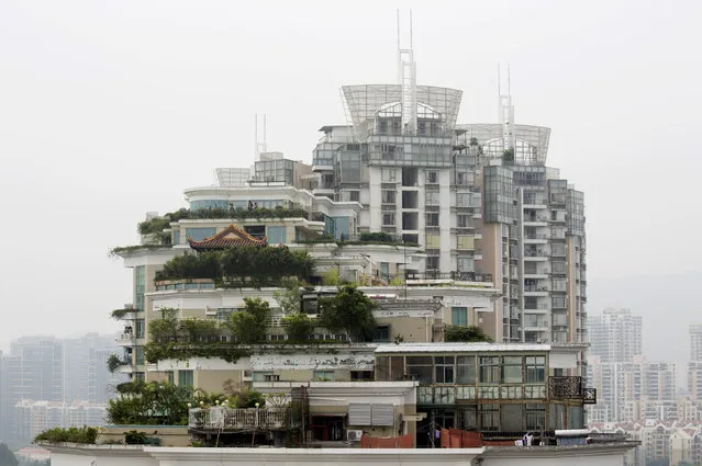 A privately-built illegal temple-like structure is seen on the top of a 20-storey residential block in the southern Chinese city of Shenzhen August 22, 2013. A police spokesman said that the elaborate temple-like structure is built illegally on the roof. The temple on top of the building in Shenzhen's Nanshan district is believed to have been there for at least three years, local media reported. (Photo by Tyrone Siu/Reuters)