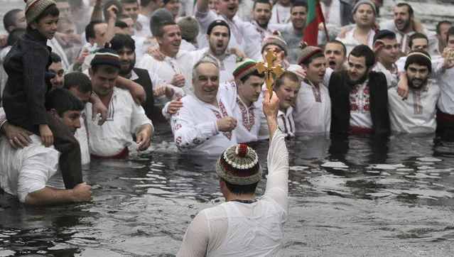 A man holds the holy cross as Bulgarians sing and dance in the icy waters of the Tundzha river, as they celebrate Epiphany day in the town of Kalofer, Wednesday, January 6, 2016. Traditionally, an Eastern Orthodox priest throws a cross into the river and it is believed that the one who retrieves it will be healthy through the year. (Photo by Valentina Petrova/AP Photo)