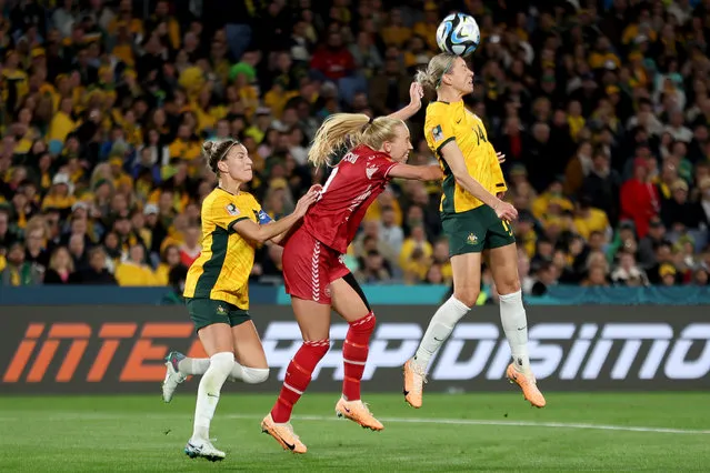 Alanna Kennedy of Australia heads the ball during the FIFA Women's World Cup Australia & New Zealand 2023 Round of 16 match between Australia and Denmark at Stadium Australia on August 07, 2023 in Sydney, Australia. (Photo by Cameron Spencer/Getty Images)