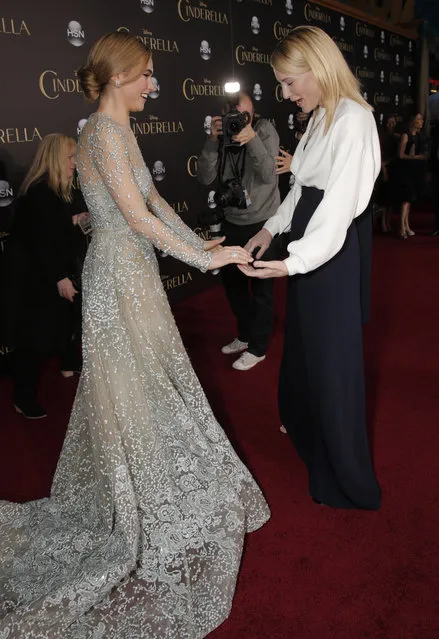 Lily James and Cate Blanchett attend the World Premiere Of "Cinderella" on Sunday, March 1, 2015, in Los Angeles. (Photo by Todd Williamson/Invision/AP)
