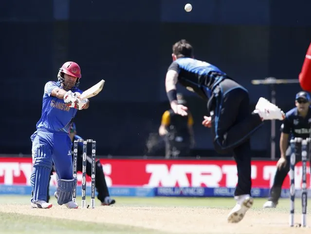 Afghanistan's Najib Zadran hits a four off New Zealand's Adam Milne (R) during their Cricket World Cup match in Napier, March 8, 2015. REUTERS/Nigel Marple (NEW ZEALAND - Tags: SPORT CRICKET)