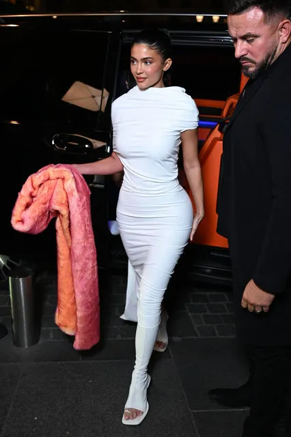 Kylie Jenner in the last decade of September 2023 wears all white as she arrives at Siena Restaurant along with her sister Kendall Jenner and security team. The sisters are in Paris for Fashion Week. (Photo by Splash News and Pictures)