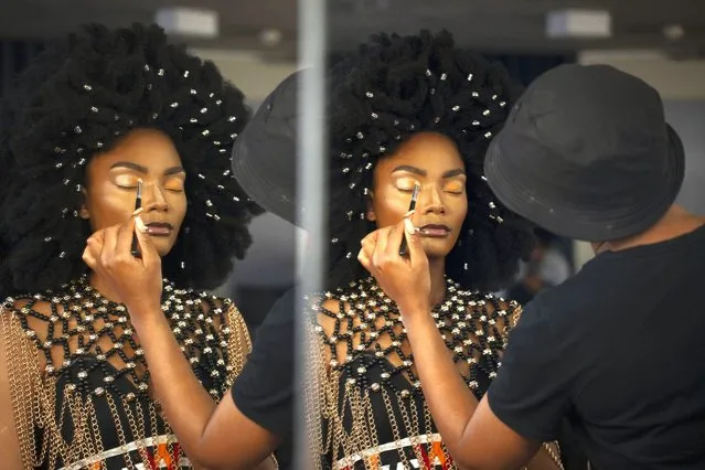 A model is seen preparing backstage at Soweto Fashion Week in Soweto, Johannesburg, South Africa on November 2, 2023. (Photo by Xinhua News Agency/Rex Features/Shutterstock)