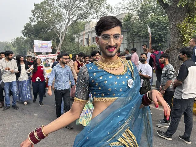 A participant of the Delhi Queer Pride Parade poses for a photograph during the march in New Delhi, India, Sunday, November 26, 2023. This annual event comes as India's top court refused to legalize same-sеx marriages in an October ruling that disappointed campaigners for LGBTQ+ rights in the world's most populous country. (Photo by Shonal Ganguly/AP Photo)