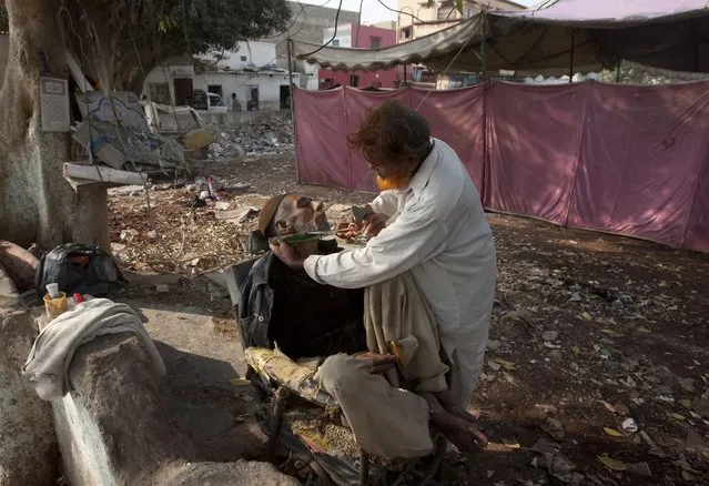 A Pakistani roadside barber attends to a customer in Karachi, Pakistan, Tuesday, January 19, 2016. (Photo by Shakil Adil/AP Photo)