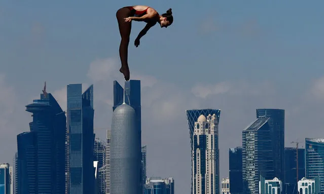 Jessica Macaulay of Team Canada competes in the Women's 20m High Diving Round 3 on day thirteen of the Doha 2024 World Aquatics Championships at Doha Port on February 14, 2024 in Doha, Qatar. (Photo by Clodagh Kilcoyne/Reuters)