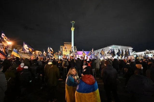 Ukrainian activists from different parties held a rally  against the “anti-Ukrainian” politics of the country's President Volodymyr Zelensky, in Kiev on December 1, 2021. During the protest they denounced Zelensky's call for direct negotiations with Russia to end an eight-year war with pro-Russian separatists in the country's east. (Photo by Genya Savilov/AFP Photo)