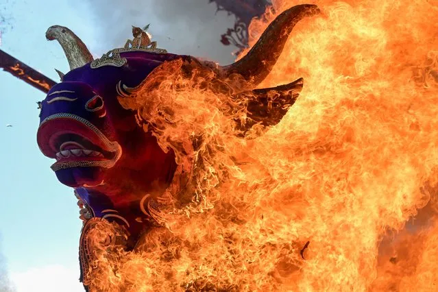 A sarcophagus depicting a purple cow burns during the cremation ceremony of Tjokorda Bagus Santaka, a member of the Ubud royal family who passed away this February, in Ubud on Bali island on April 14, 2024. (Photo by Sonny Tumbelaka/AFP Photo)