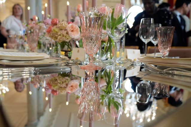 Tables are decorated during a press preview at the White House in Washington, Tuesday, April 9, 2024, for the State Dinner for Japan's Prime Minister Fumio Kishida on Wednesday. (Photo by Susan Walsh/AP Photo)