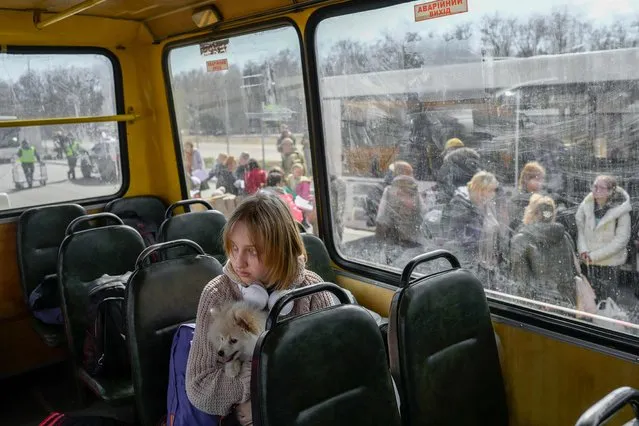 A young girl with her dog arrives at a centre for the internally displaced persons in Zaporizhzhia, some 200 kilometres (124 miles) northwest of Mariupol on April 6, 2022. NATO chief said that, after withdrawing most of its troops from northern Ukraine, Russia aims to capture the “entire” Donbas region in the east, with the aim of creating a land corridor from Russia to annexed Crimea. (Photo by Bulent Kilic/AFP Photo)