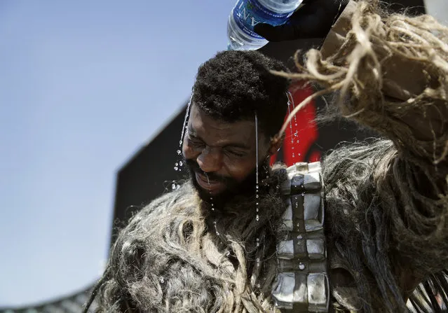 Xaviere Coleman pours water over his head to cool off in a Wookiee costume along the Las Vegas Strip, Tuesday, June 20, 2017, in Las Vegas. Coleman was taking a break from posing for photographs with tourists. The first day of summer is forecast to bring some of the worst heat the southwestern U.S. has seen in years. (Photo by John Locher/AP Photo)