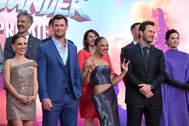 (L-R) Natalie Portman, Taika Waititi, Chris Hemsworth, Victoria Alonso, President of Physical, Post Production, VFX and Animation at Marvel Studios, Tessa Thompson, Chris Pratt and Jaimie Alexander attend the Thor: Love and Thunder World Premiere at the El Capitan Theatre in Hollywood, California on June 23, 2022. (Photo by Charley Gallay/Getty Images for Disney)