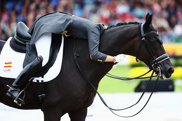 Morgan Barbancon Mestre of Spain reacts on her horse Painted Black during the Dressage Grand Prix Freestyle individual competition on Day 5 of the FEI European Equestrian Championship 2015 on August 16, 2015 in Aachen, Germany. (Photo by Alex Grimm/Bongarts/Getty Images)