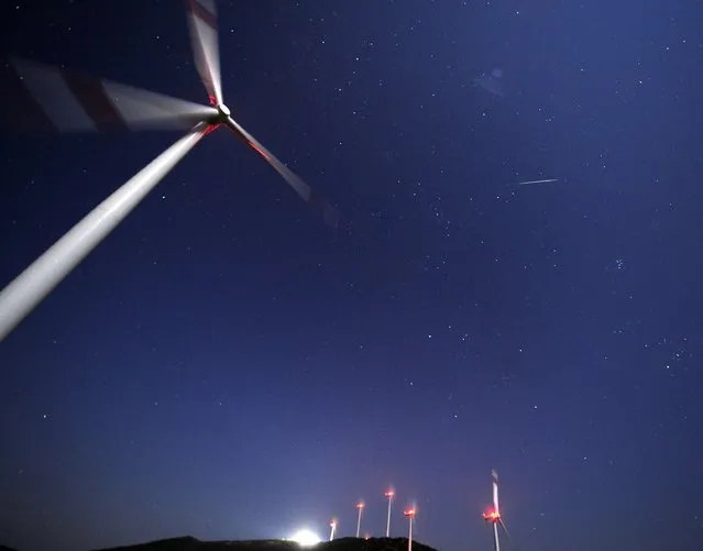 A meteor streaks across the sky during the Perseid meteor shower at a windmill farm near Bogdanci, south of Skopje in the early morning August 13, 2014. The annual Perseid meteor shower reaches its peak on August 12 and 13 in Europe, although the lunar glare of a nearly full moon (Supermoon) makes it difficult to view the meteor shower this year, according to NASA. (Photo by Ognen Teofilovski/Reuters)