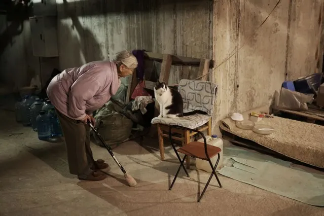 Former engineer Maria Nikolaevna, 92, talks with the family cat, Kisiau, inside a basement, where she has lived with her daughter and son-in-law since the beginning of the war, in northern Saltivka, one of the most damaged residential areas of Kharkiv, Ukraine on July 22, 2022. Maria suffers from mobility problems, progressive memory loss and confusion that has worsened since the attack on her home. (Photo by Nacho Doce/Reuters)