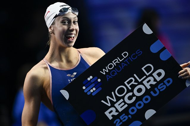 Gretchen Walsh of the US. reacts after breaking the world record in the Women's 50m Butterfly on day one of the World Short Course Swimming Championships in Budapest, Hungary, Tuesday, December 10, 2024. (Photo by Denes Erdos/AP Photo)