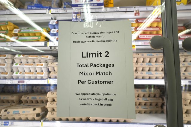 A sign limiting the sale of egg packages for customers is displayed at grocery store on Friday, February 7, 2025, in Dallas. (Photo by LM Otero/AP Photo)
