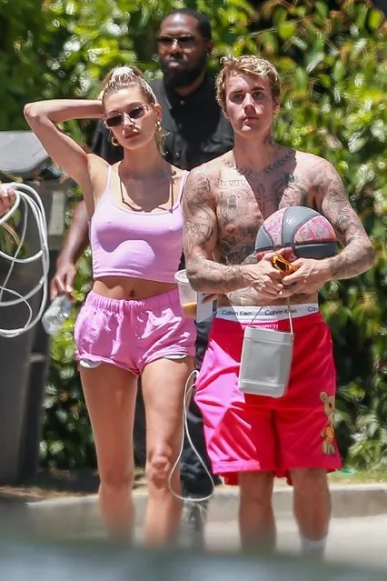 Hailey Bieber arrives home bringing coffee to her hubby Justin while he is playing some basketball outside in Beverly Hills, CA. on May 25, 2020. (Photo by Backgrid USA)
