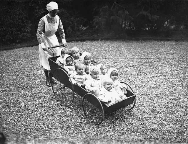 A nurse from Doctor Barnardo's Babies Castle, at Hawkhurst, prepares to take a group of babies for pram ride. | Location: Hawkhurst, Kent, England, UK. (Photo by Hulton-Deutsch Collection/CORBIS/Corbis via Getty Images)