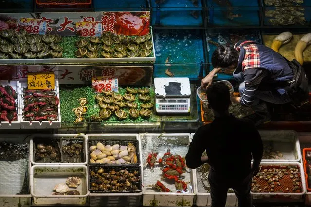 Vendor sells seafood to costumers on Huangsha Seafood Market in Guangzhou, Guandong Province, China, 20 January 2018. (Photo by Aleksandar Plavevski/EPA/EFE)