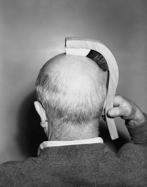 Mr. Ted Spence, engineer of the Los Angeles Brush Manufacturing Corp., demonstrates the new “Hairline Brush” in Los Angeles, January 12, 1950. The brush is constructed to fit a bald head's contour, with bristles for brushing hair and a felt pad to gently massage the scalp. (Photo by Don Brinn/AP Photo)