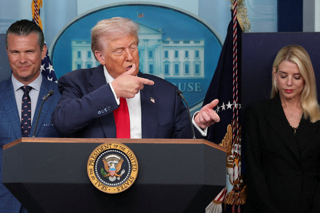 U.S. President Donald Trump gestures as he speaks about Javelin anti-tank missiles next to U.S. Defense Secretary Pete Hegseth and U.S. Attorney General Pam Bondi during a press conference about deploying federal law enforcement agents in Washington to bolster the local police presence, in the Press Briefing Room at the White House on August 11, 2025. (Photo by Jonathan Ernst/Reuters)