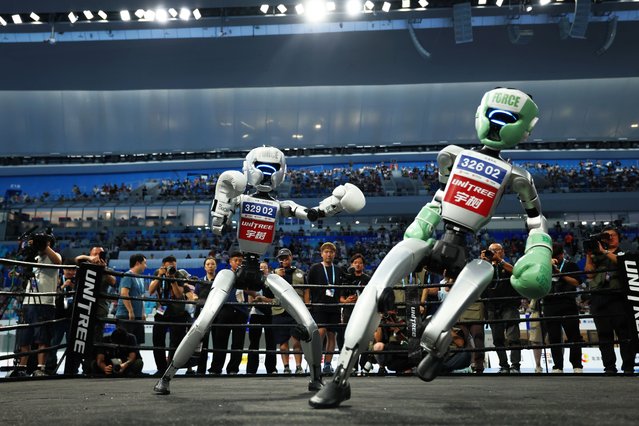 Humanoid robots fight during a kickboxing match on day two of the 2025 World Humanoid Robot Games at National Speed Skating Oval on August 16, 2025 in Beijing, China. The 2025 World Humanoid Robot Games (WHRG) will be held from August 14 to 17 in Beijing's National Speed Skating Oval, bringing together 280 teams from 16 countries across five continents. (Photo by Lintao Zhang/Getty Images)
