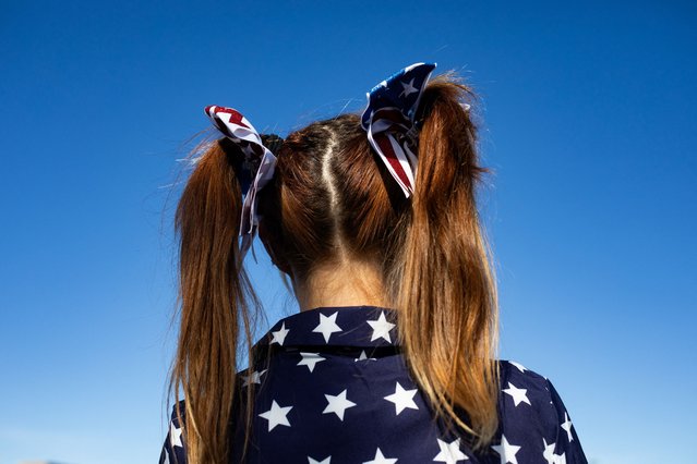 Colleen Sharkey with Michigan Entertainment and Talent wears patriotic attire ahead of performing in the Fourth of July parade in Clawson, a suburb of Detroit, Michigan on July 4, 2024. (Photo by Emily Elconin/Reuters)