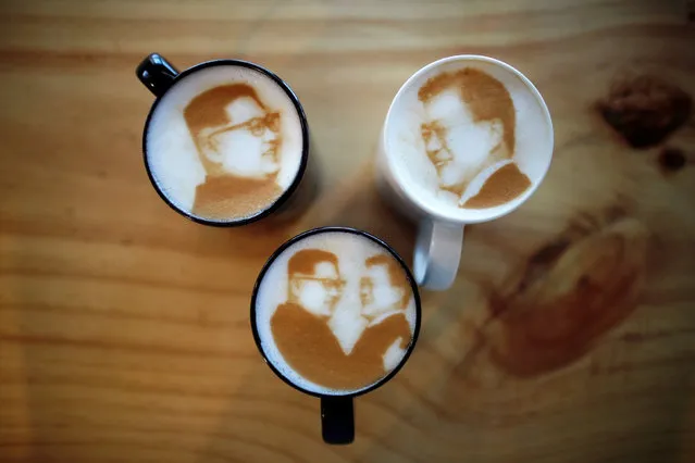 Pictures of North Korean leader Kim Jong Un and South Korean President Moon Jae-in are printed on top of milk foam of lattes at a coffee shop in Jeonju, South Korea, June 1, 2018. (Photo by Kim Hong-Ji/Reuters)