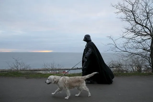 Darth Mykolaiovych Vader, who is dressed as the Star Wars character Darth Vader, poses for a picture as he walks his dog in a park in Odessa, Ukraine, December 3, 2015. (Photo by Valentyn Ogirenko/Reuters)