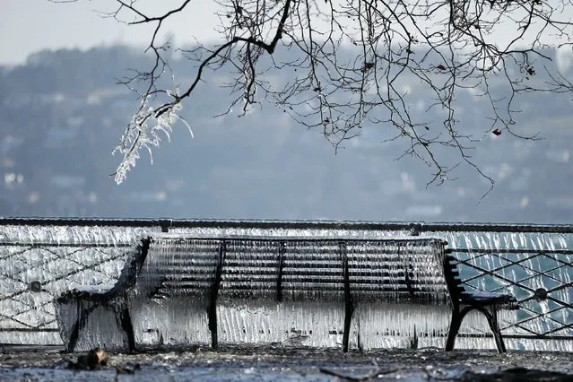 A frozen public bench is seen next to a lake side due to the strong wind conditions in Geneva February 8, 2015. (Photo by Pierre Albouy/Reuters)