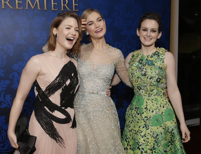 Holliday Grainger, Lily James and Sophie McShera attend the World Premiere Of "Cinderella" on Sunday, March 1, 2015, in Los Angeles. (Photo by Todd Williamson/Invision/AP)