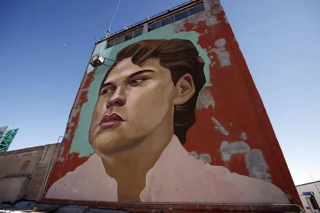 Artist Arturo Damasco paints a 40-square meters mural of Mexican singer Alberto Aguilera Valadez, better known as Juan Gabriel, in downtown Ciudad Juarez March 27, 2015. The mural is part of a government programme aimed to renew the historic center to attract tourism after years of drug violence, and to honor one of the main icons of the city, local media reported. (Photo by Jose Luis Gonzalez/Reuters)