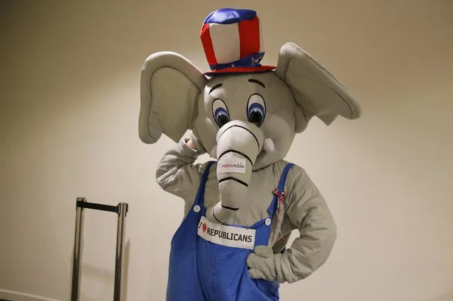 A person wearing an elephant costume is seen before a campaign town hall with U.S. Republican presidential candidate Marco Rubio at the Beaufort Center for the Arts in Beaufort, South Carolina, February 16, 2016. (Photo by Chris Keane/Reuters)