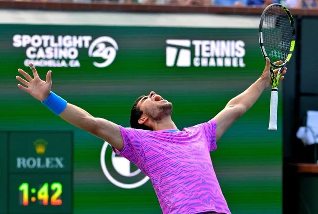 Carlos Alcaraz of Spain celebrates match point defeating Daniil Medvedev of Russia in the men’s final of the BNP Paribas open at the Indian Wells Tennis Garden in California on March 17, 2024. (Photo by Jayne Kamin-Oncea/USA TODAY Sports)