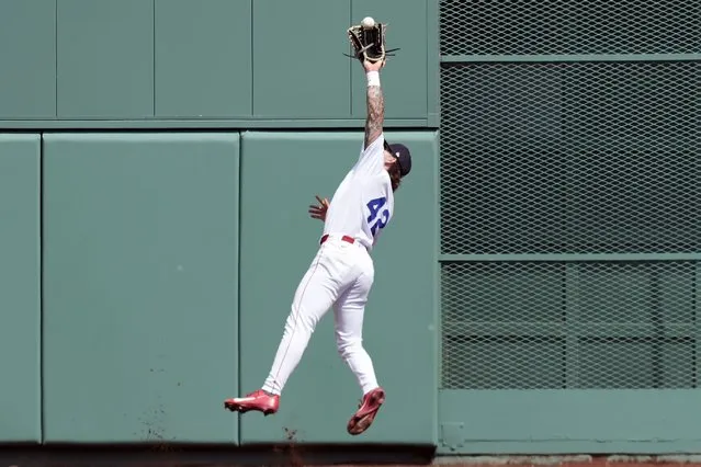 Boston Red Sox's Jarren Duran makes the catch on the fly out by Cleveland Guardians' Andrés Giménez during the fourth inning of a baseball game, Monday, April 15, 2024, in Boston. (Photo by Michael Dwyer/AP Photo)