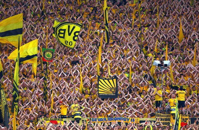 Borussia Dortmund fans inside the stadium before the Borussia Dortmund v Paris St Germain match ay Signal Iduna Park in Dortmund, Germany on May 1, 2024. (Photo by Thilo Schmuelgen/Reuters)