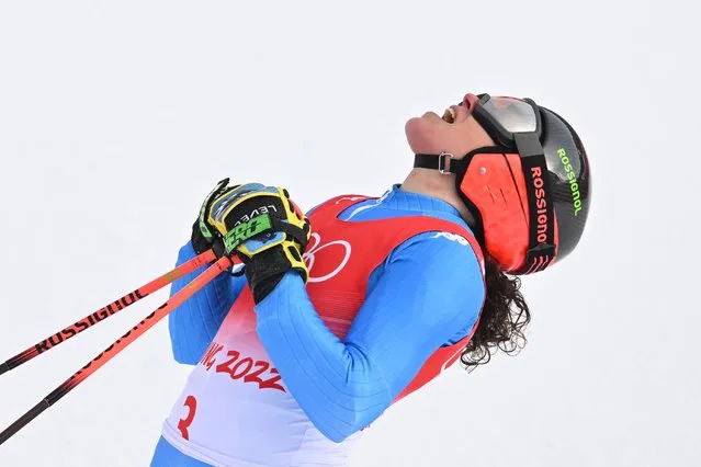 Silver medalist Italy's Federica Brignone reacts after the second run of the women's giant slalom during the Beijing 2022 Winter Olympic Games at the Yanqing National Alpine Skiing Centre in Yanqing on February 7, 2022. (Photo by Joe Klamar/AFP Photo)