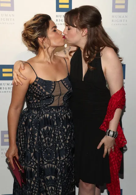 America Ferrera and Lena Dunham share a kiss at the Human Rights Campaign's 2017 Los Angeles Gala Dinner at JW Marriott Los Angeles at L.A. LIVE on March 18, 2017 in Los Angeles, California. (Photo by Todd Williamson/Getty Images)