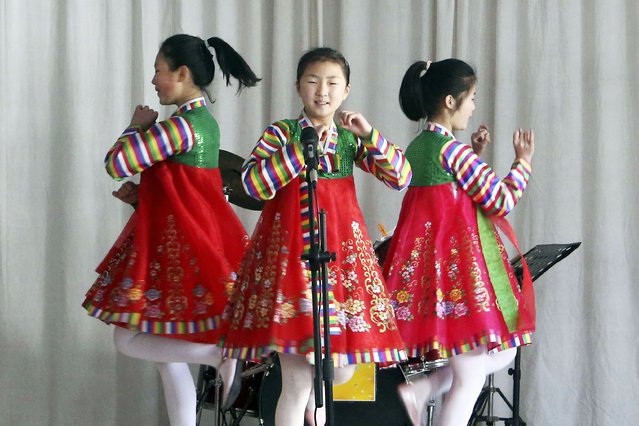 Schoogirls of Jon U Junior Middle School rehearse for a performance in Moranbong District in Pyongyang, North Korea, on Thursday, March 21, 2024. (Photo by Jon Chol Jin/AP Photo)